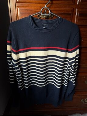 J. Crew Factory Navy Crewneck Sweater with Cream Stripes and Red Accent